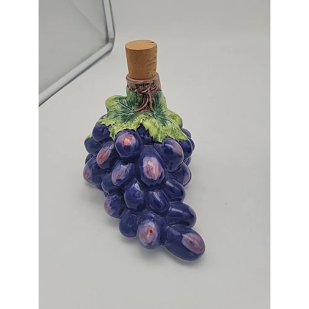 Mid Century Vintage Hand Painted Ceramic Grape Cluster Cork Wine Decanters Italy